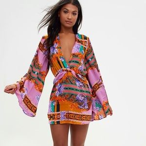 Lilac Satin Scarf Print Kimono Sleeve Plunge Shift Dress